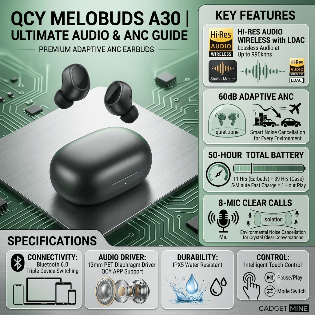 QCY MeloBuds A30 ANC Wireless Earbuds | Hi-Res Audio LDAC | 50H Battery | 8-Mic Noise Cancelling | IPX5 Waterproof | Official Warranty — image 3 of 3